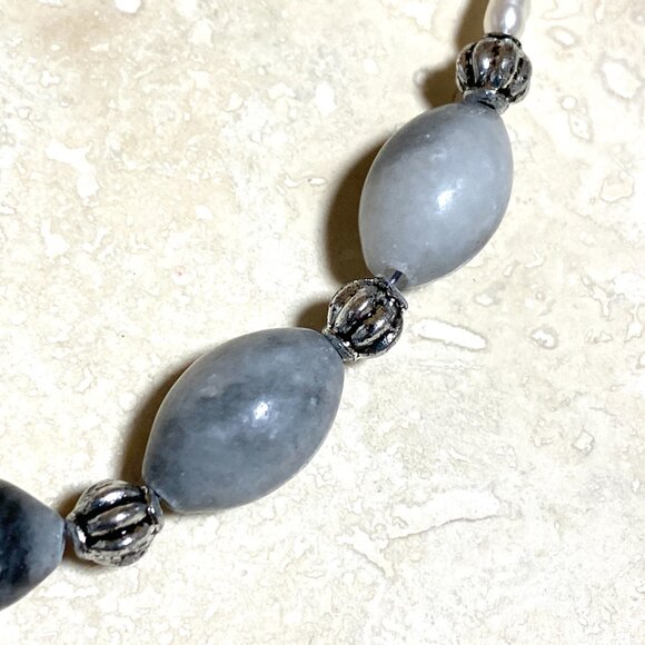Genuine Grey Anhydrite & White Freshwater Pearl Bib Necklace, Natural Gemstone - Picture 6 of 11